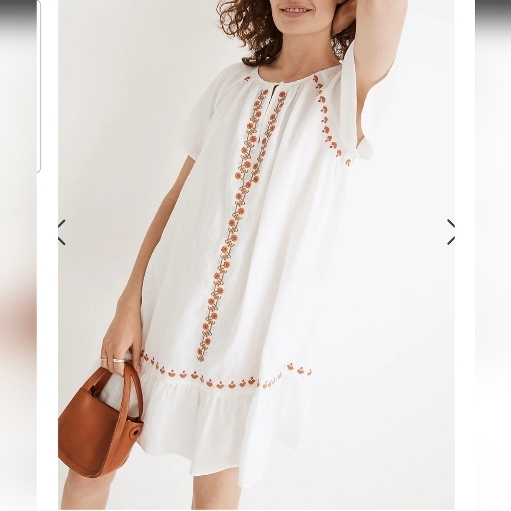 NWT Madewell White Embroidered Linen-Blend Raglan Ruffle Mini Dress XS Boho 70's